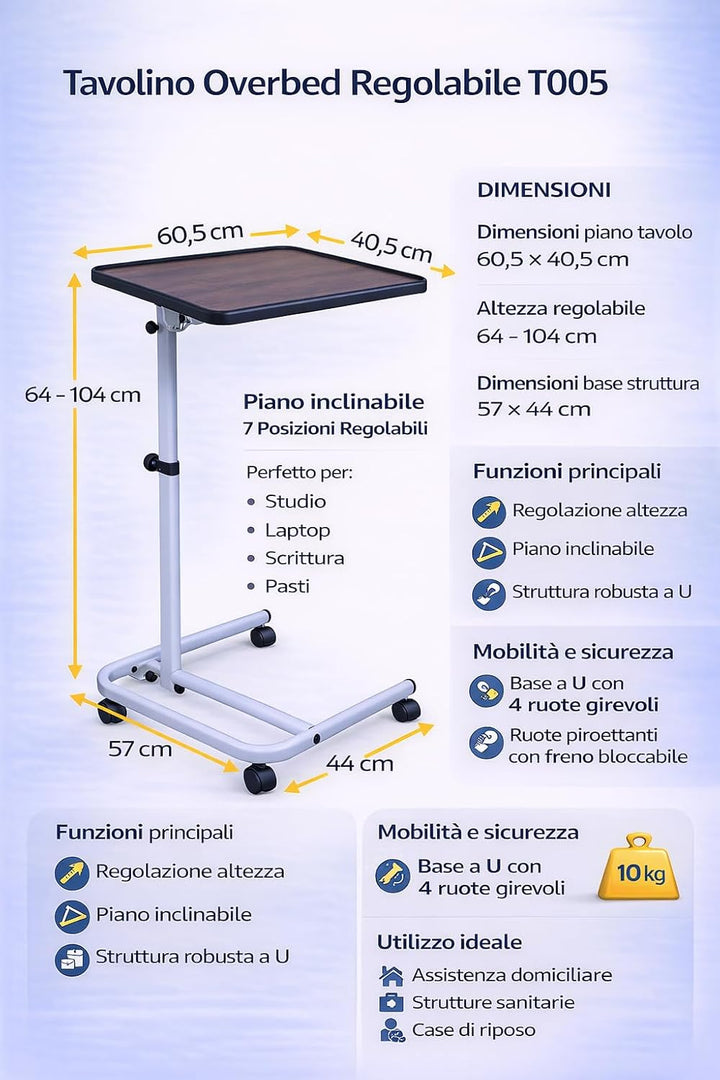 DynaSun Höhenverstellbarer Beistelltisch Pflegebett-Tisch T005 – 64–104 cm, 7-Fach neigbare Tischpla