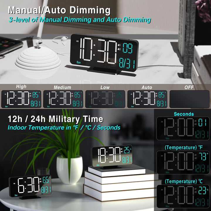 KOSUMOSU Digitaluhr für Schlafzimmer, 17 cm, Kleiner digitaler Wecker, schwarz, Dimmen, 12/24 Stunde