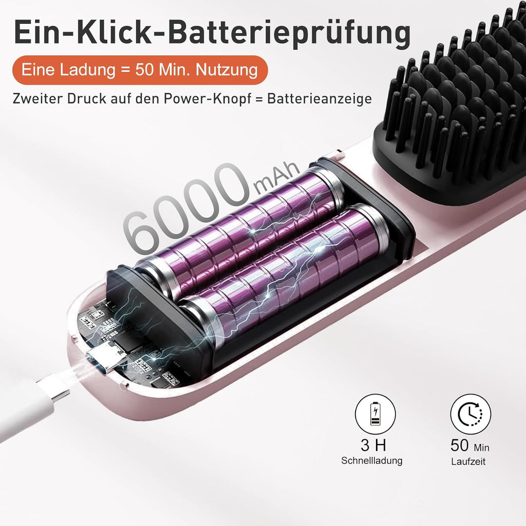 TANSHINE Mini Glättbürste Kabellos für Reise,6000mAh Ionen Haarglätter Bürste Akku, Glätteisen Locke