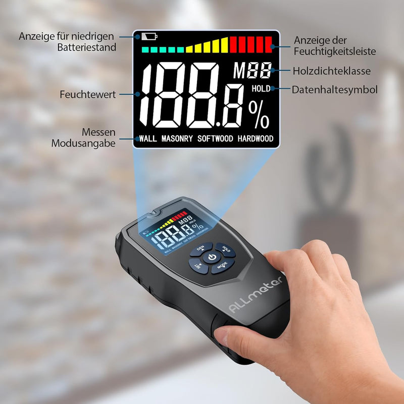 ALLmeter Pinless Feuchtigkeitsmessgerät Wand Stiftloser Holzfeuchtemessgerät mit LCD-Display Tonalar