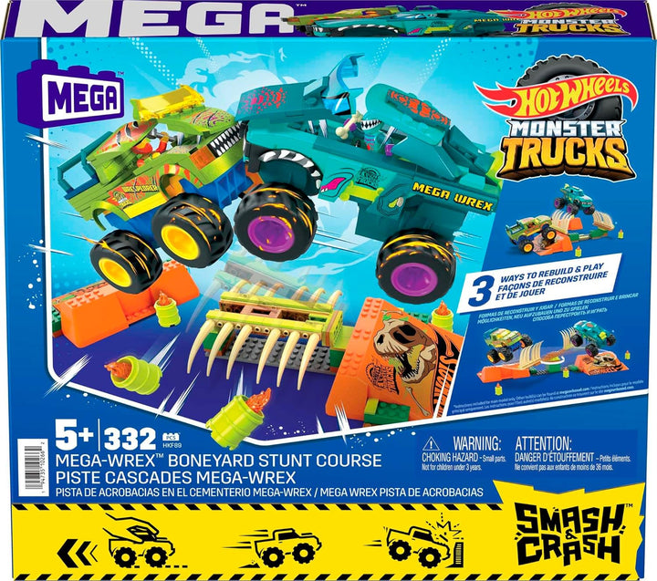 MEGA Hot Wheels Monster Trucks Bauspielzeug, Smash &amp; Crash Mega-Wrex Boneyard Stuntparcours mit 332
