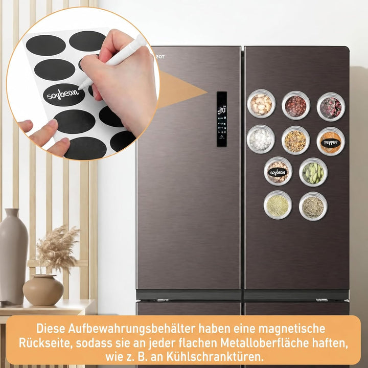 24 Stück Edelstahl Magnetische Gewürzdosen mit Deckeln, Magnet Gewürz Aufbewahrung Dosen Set mit 48