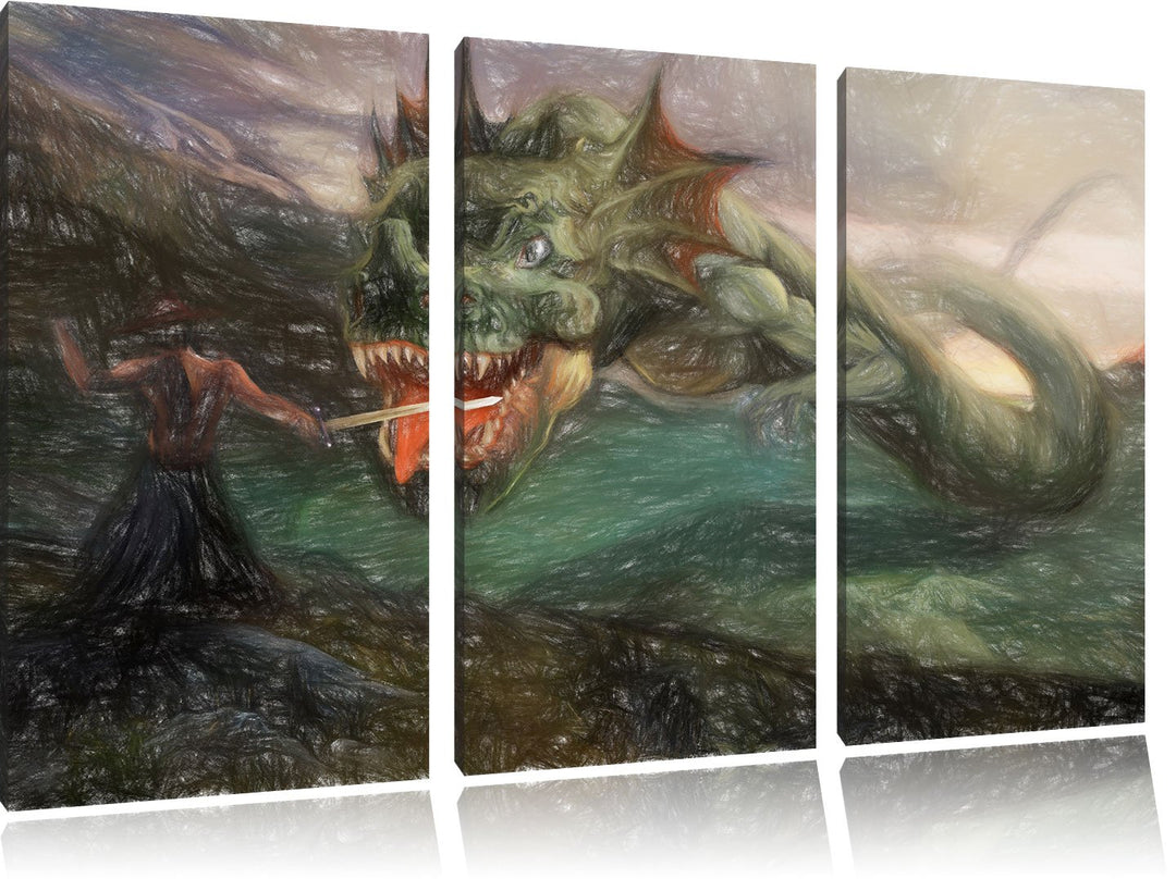 Pixxprint Drache kämpft gegen Krieger / 3-Teilig/Gesamtmass 120cm Leinwandbild bespannt auf Holzrahm