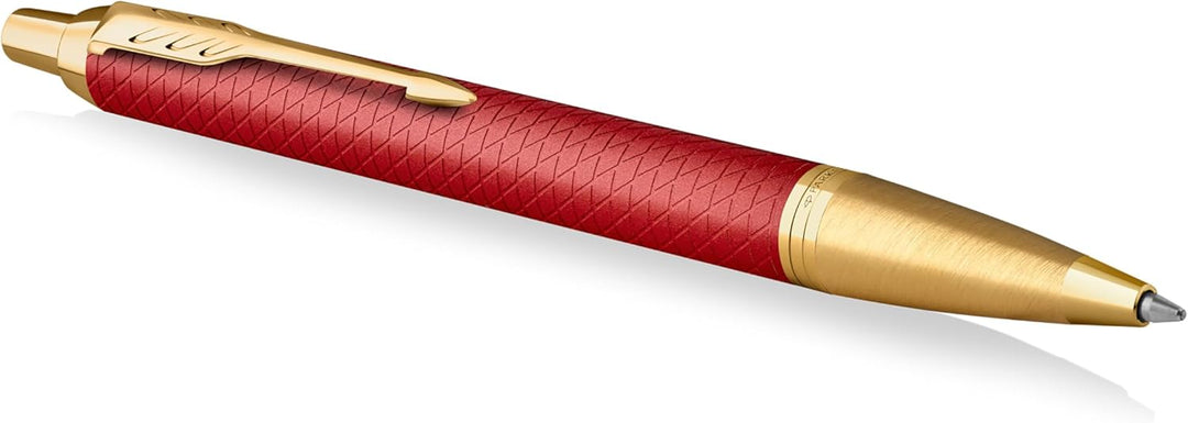 Parker IM Kugelschreiber, rote Premiumlackierung mit goldenen Zierteilen, mittlere Schreibspitze mit