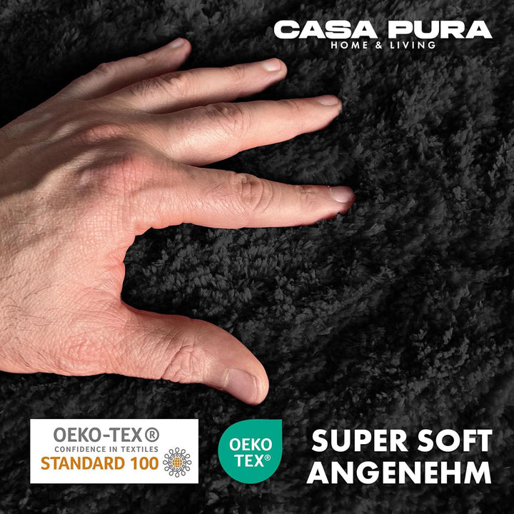 casa pura Badematte schwarz weicher, Flauschiger Badezimmerteppich in Shaggy Optik, Badvorleger ruts