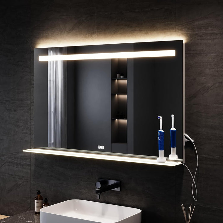 SONNI LED Badspiegel mit Ablage 120x75 cm, Touch Badezimmerspiegel mit Steckdose, 3 Lichtfarben, Ant