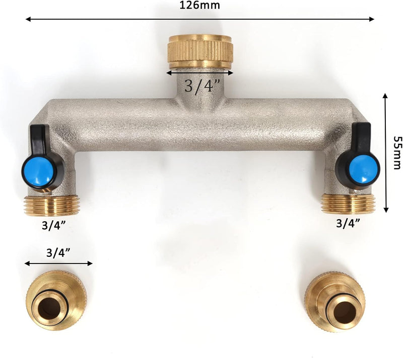 2-Wege Wasserhahn Wasserverteiler aus Messing für 2 Geräte/Gartenschläuche, 2er Verteiler 3/4" Adapt