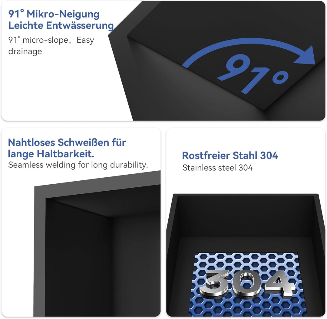 Duschnische Schwarze Edelstahl 30 × 30 × 10 cm Wandnische Dusche Einbau Duschablage Einzelregal Bad