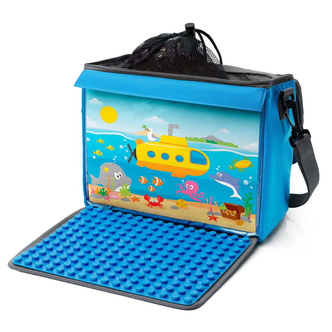 fantifant Baustein-Tasche mit ausklappbarer Bauplatte | meerblau Grösse L I kompatibel mit Lego Dupl