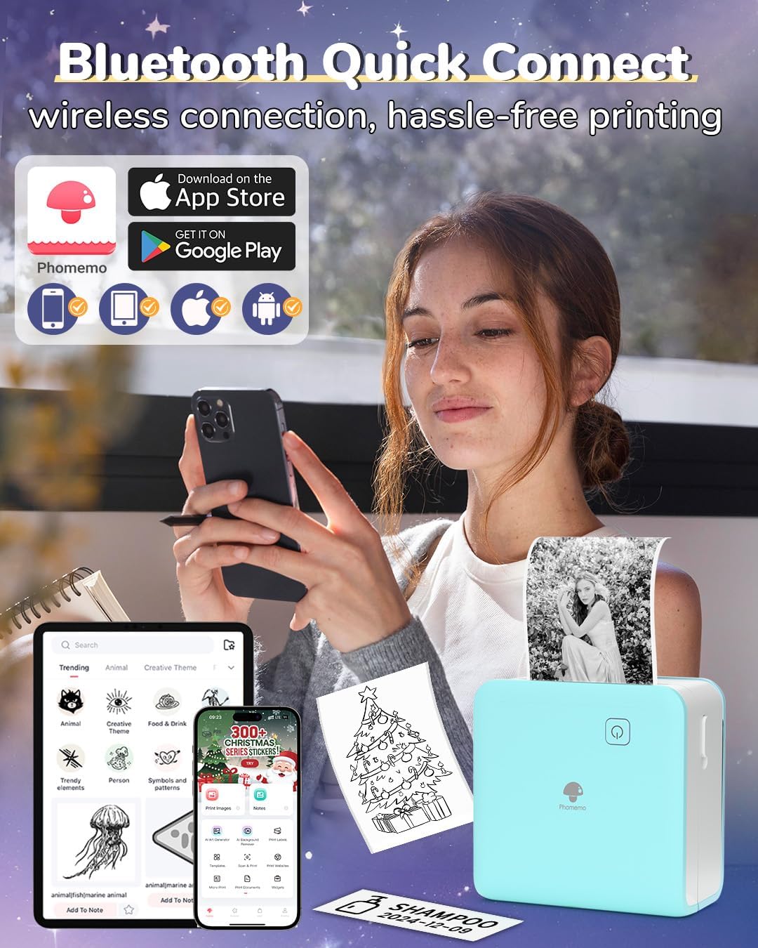 Phomemo Mini Drucker Drucker für Smartphone, P2S Bluetooth Aufkleber Drucker für Lernen, Mini Tragba