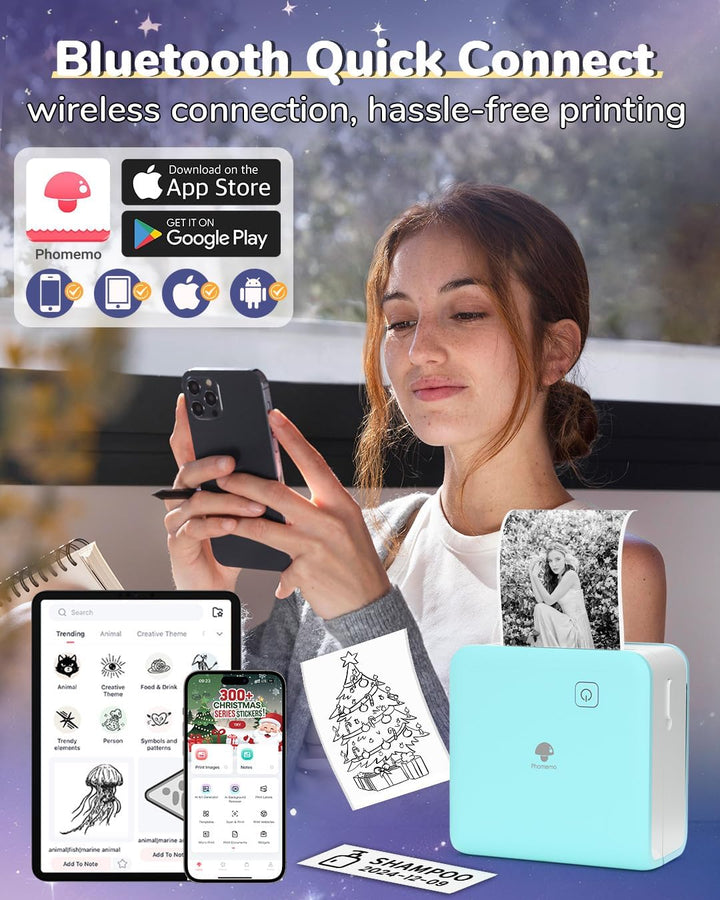 Phomemo Mini Drucker Drucker für Smartphone, P2S Bluetooth Aufkleber Drucker für Lernen, Mini Tragba