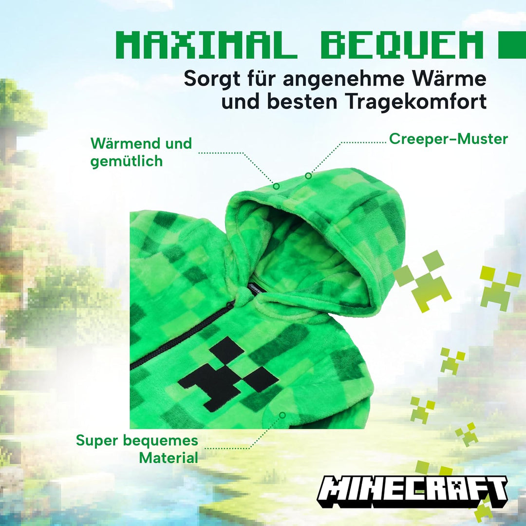 Minecraft Onesie Creeper Fleece Jumpsuit Sleepsuit Gamer Geschenk Schlafoverall mit Kapuze für Junge