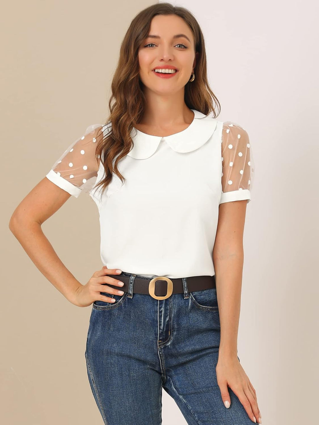 Allegra K Damen Puffärmel Vintage Bubikragen Oberteil Mesh Polka Punkte Top Bluse M Reisweiss, M Rei