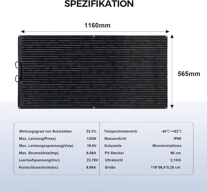 120W 12V Solarpanel Flexibel, Monokristallines Flexible Solarmodule Solarpanel Schmal Lang, für Wohn