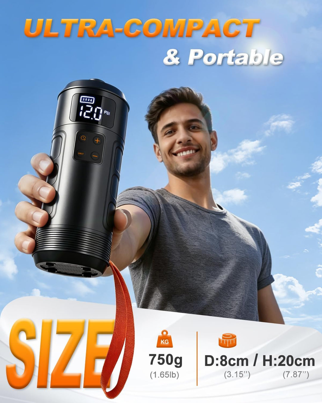Mojimdo Elektrische SUP Pumpe, Kabellose Luftpumpe bis 12 PSI mit Auto-Stopp, Digitalanzeige & 7 Ven