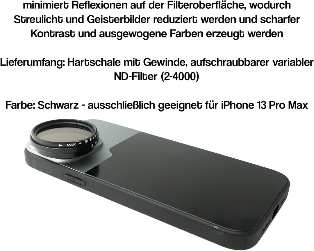 System-S ND Vario Filter 37 mm 2 bis 4000 Neutraldichte mit Hülle für iPhone 13 Pro Max