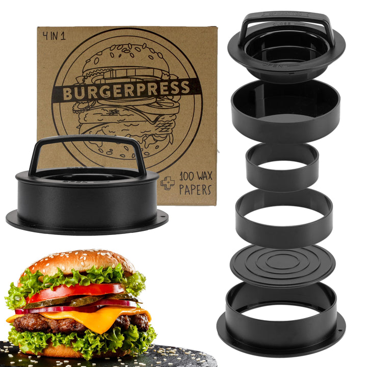 Burgerpresse mit 100 Blatt Burger Papier, 4 Patty Grössen inkl. Gefüllte Patties und XXL, Burger Pat