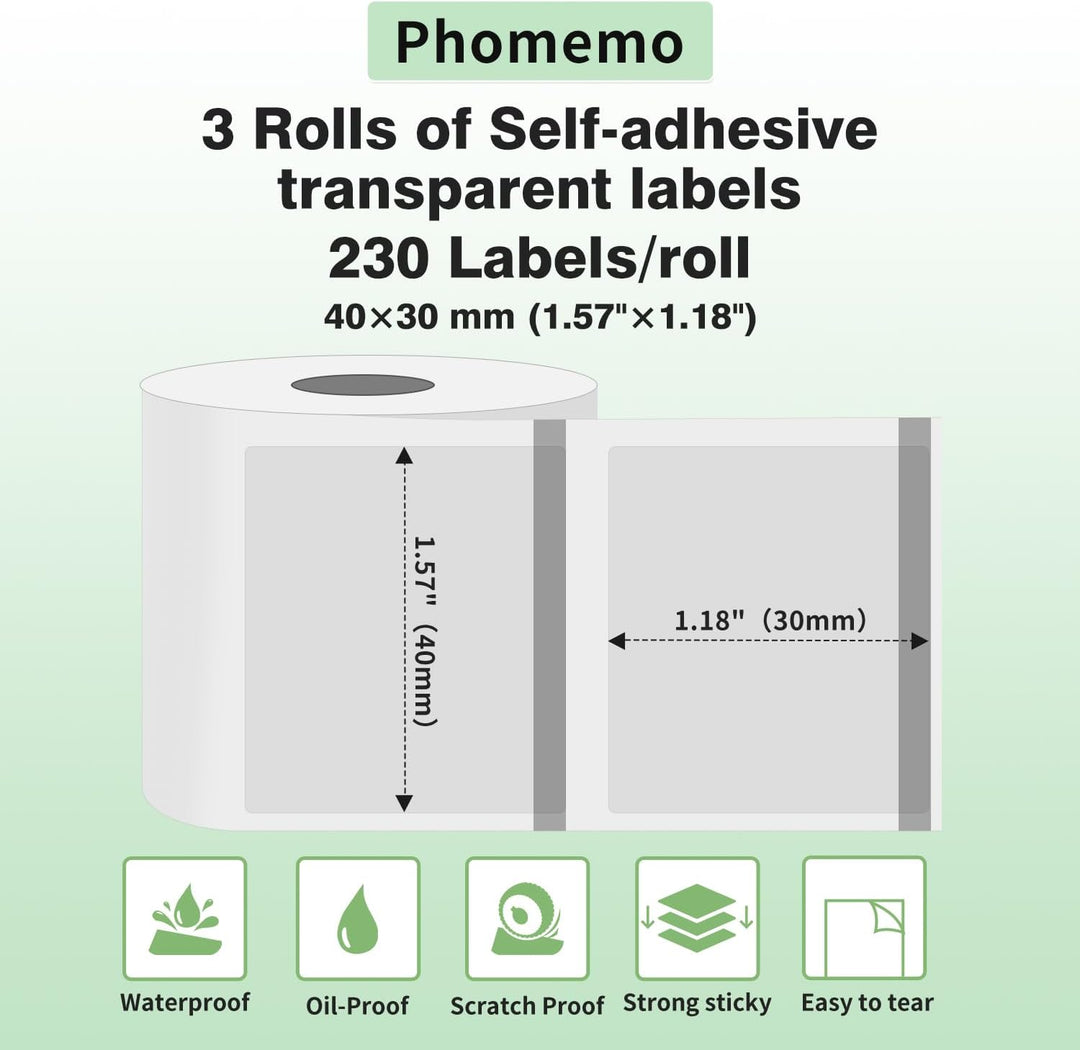 Phomemo 3 Rollen Transparentes etikett,Multifunktionales selbstklebendes transparentes Etikett, 40 m