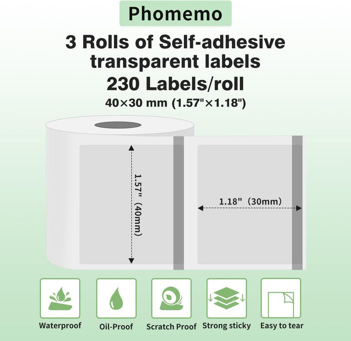 Phomemo 3 Rollen Transparentes etikett,Multifunktionales selbstklebendes transparentes Etikett, 40 m