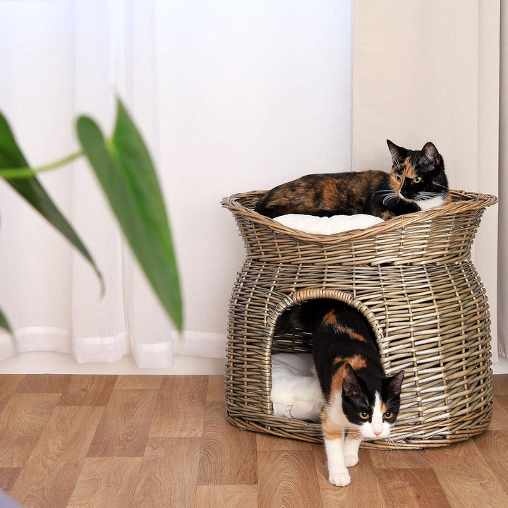 lionto Weidenkorb für Katzen und kleine Hunde mit 2 weichen Liegekissen, 55x39x43 cm, gemütlicher Ka