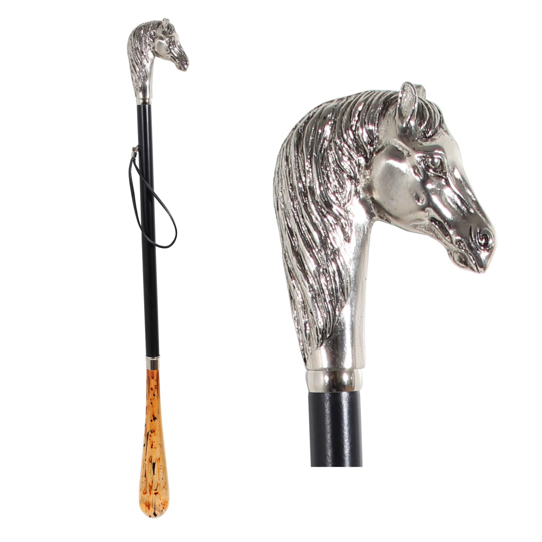 DELFA Design Schuhanzieher Schuhlöffel 70 cm mit silbernem Pferd als Griff - schwarzer Holzschaft mi