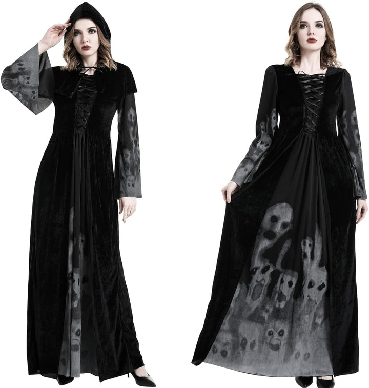Bkpaweero Hexenkostüm Damen Halloween Kostüm Erwachsenen Hexen Kostüm Frauen Schwarze Geisterbraut A