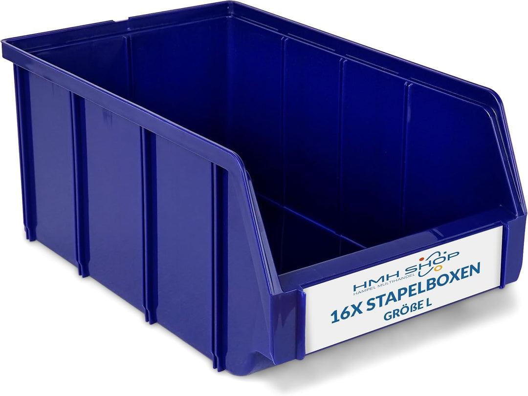 HMH 16x Stapelboxen Grösse L Werkstatt Garage Keller Sichtlagerboxen 335x209x152mm Lagerboxen BLAU S