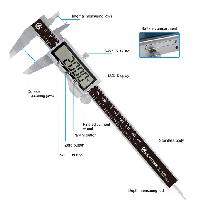 KETOTEK Digitaler Messschieber aus Edelstahl 150 mm/6 Zoll Messwerkzeug LCD-Display Messschieber mit