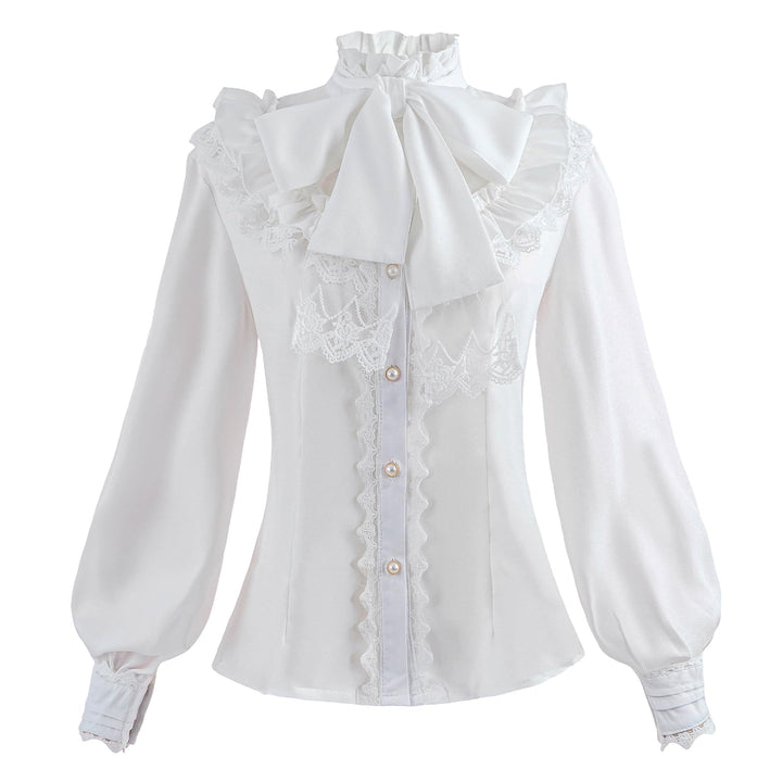 CR ROLECOS Viktorianische Bluse Damen Stehkragen Damen Mittelalter Rüschenbluse Vintage Bluse Weiss