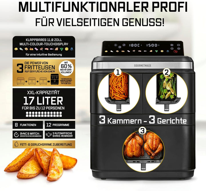 GOURMETmaxx FryUp3 Vertikale Heissluftfritteuse 3 Kammern | Heissluftfritteuse XXL 17 Liter | Airfry