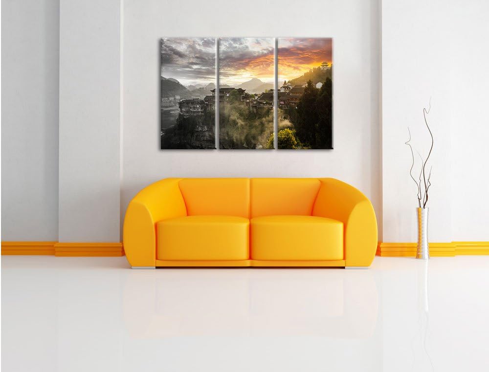 Pixxprint Gigantisches Dorf in China Schwarz/Weiss 3-Teiler Leinwandbild 120x80 Bild auf Leinwand