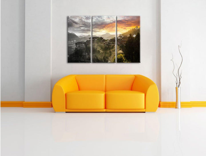 Pixxprint Gigantisches Dorf in China Schwarz/Weiss 3-Teiler Leinwandbild 120x80 Bild auf Leinwand