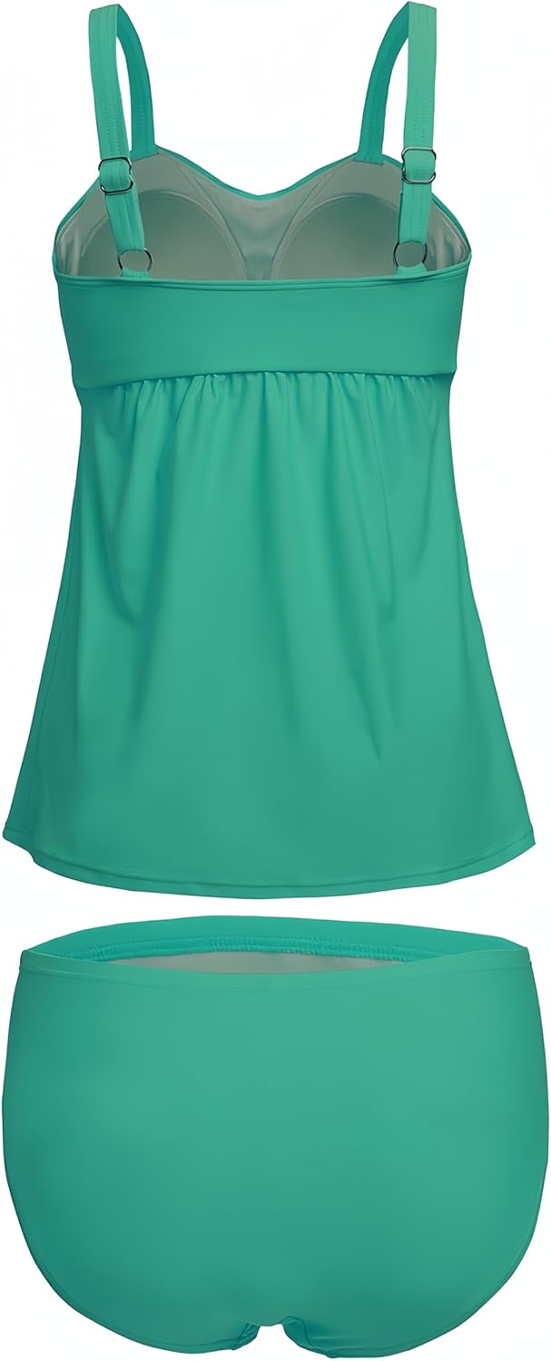 Ocean Plus Damen Eleganter Figurumspielender Tankini mit Slip Bauchweg Bügellos Unifarben Zweiteilig
