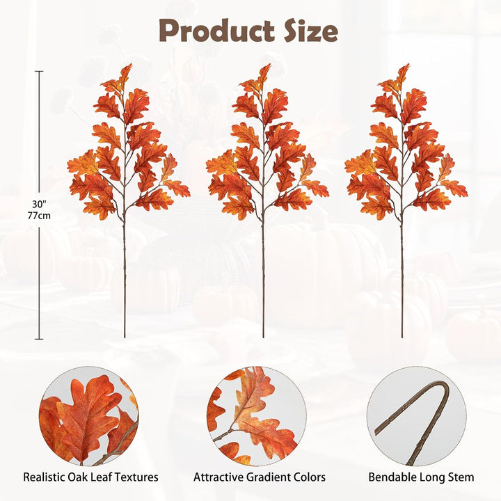 Hollyone 3 Stück Künstliche Eichenblätter Orange Herbstliche Kunstzweige 77 cm Stiel Künstlicher Dek