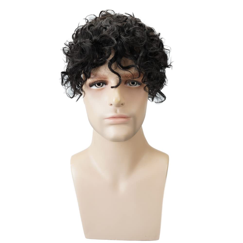 Lordhair Lockige Toupet für Männer, Echthaar-Toupet, Haarersatzsystem(15 * 20CM, Off Schwarz 1B