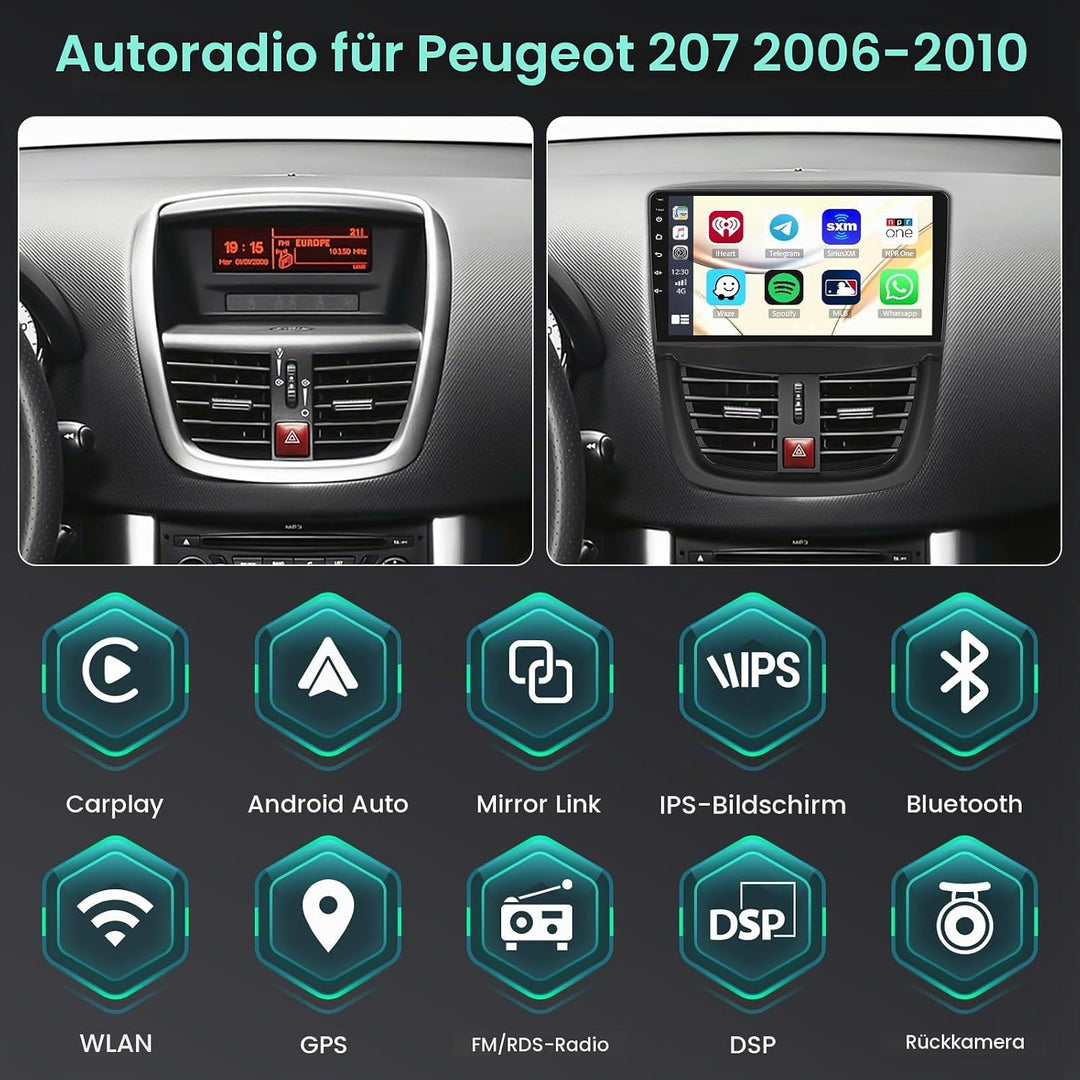 Hikity 8 Core/4G+64G/DSP 9" Android 15 Autoradio für Peugeot 207 2006-2010 Radio 2 DIN mit Wireless