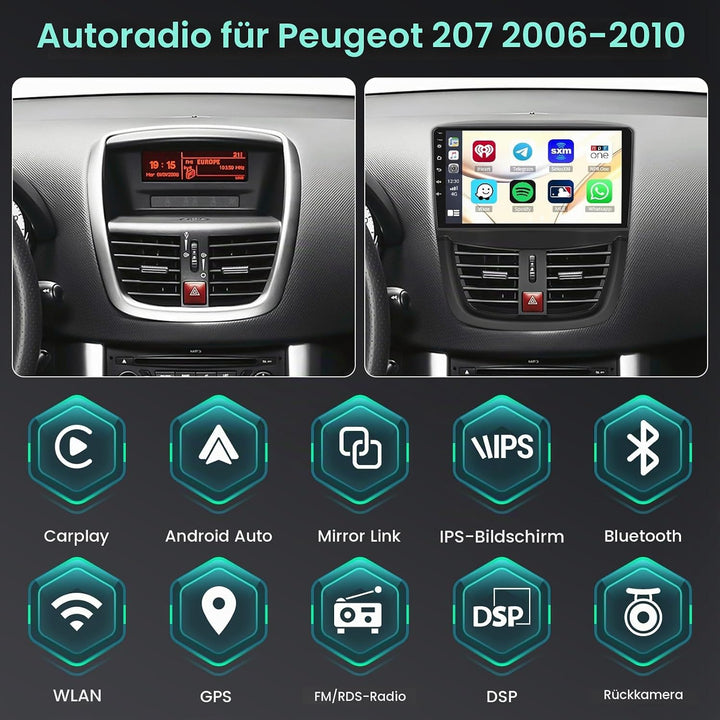 Hikity 8 Core/4G+64G/DSP 9" Android 15 Autoradio für Peugeot 207 2006-2010 Radio 2 DIN mit Wireless