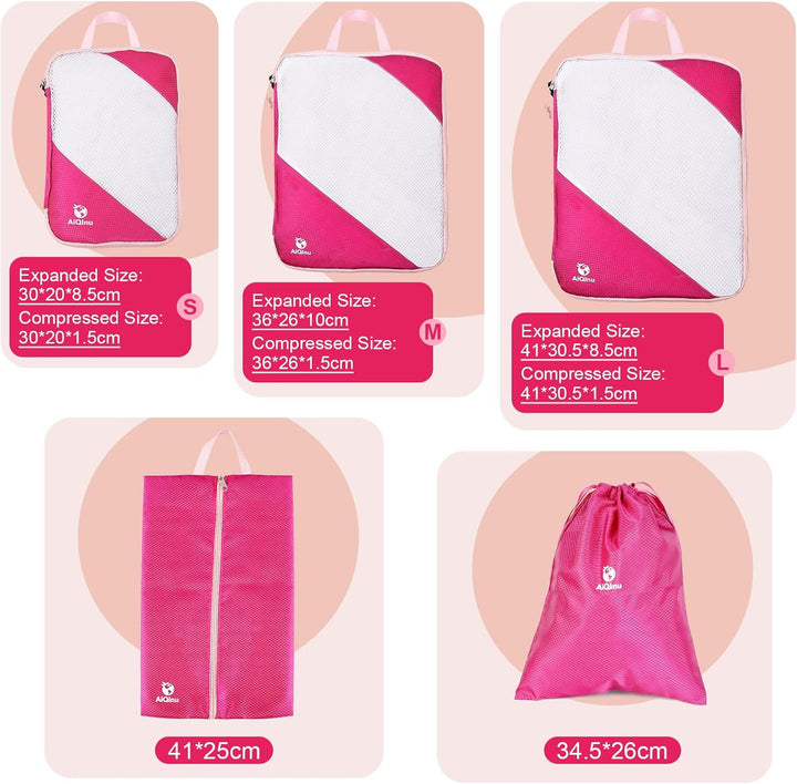 AiQInu Packing Cubes Compression, 5 Stück Packtaschen Kompression Koffer Organizer Set mit Wäschebeu