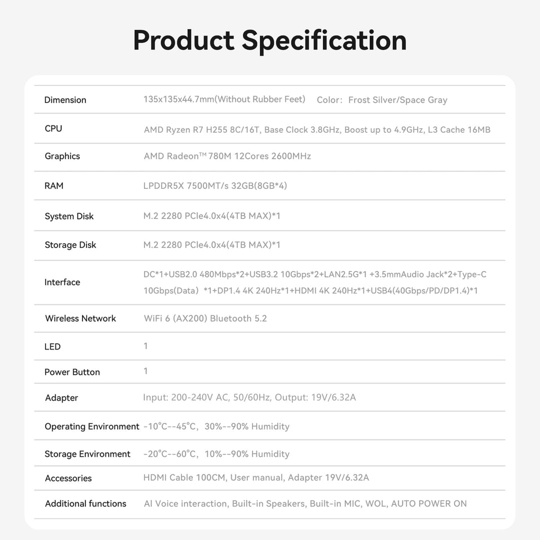 Beelink SER9 Pro Mini PC, AMD Ryzen R7 H255 (8C/16T, bis zu 4.9GHz), 32GB LPDDR5X RAM 1TB PCIe 4.0 S