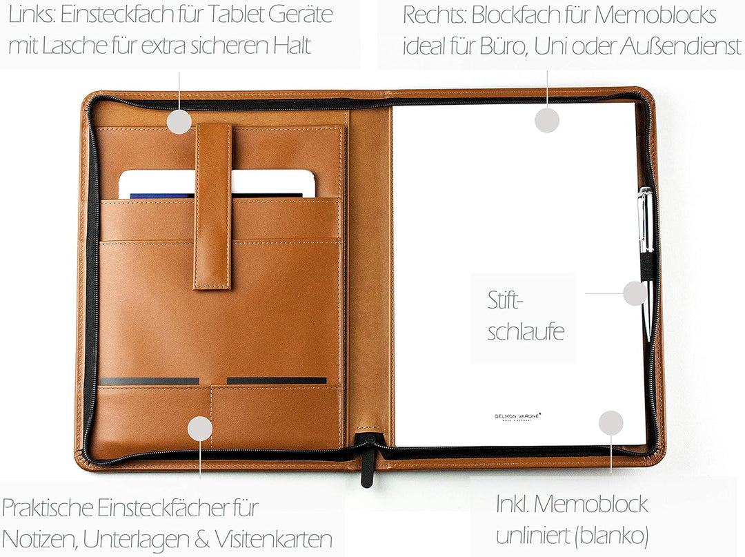 DELMON VARONE - Personalisierbare Tablet Schreibmappe DIN A4 aus Premium Boxcalf Leder braun, Organi