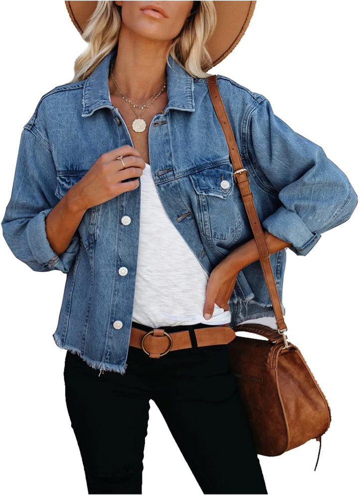 JayscreateEU Female Jeansjacke Kurze jacke Denim Jean Mantel Outwear Lange Ärmel Damen Jeansjacke mi