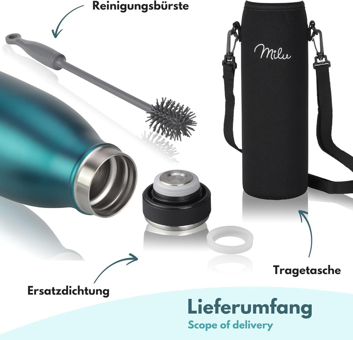 Milu Thermoflasche 350ml 500ml 750ml 1L 1,5L Isolierte Edelstahl Trinkflasche Thermoskanne Auslaufsi