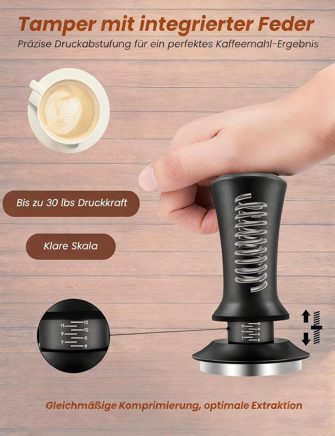 Kaffee Tamper 51mm, Edelstahl Espresso Tamper mit 15lbs Anpressdruck, 304 Edelstahl Base, Skalenanpa