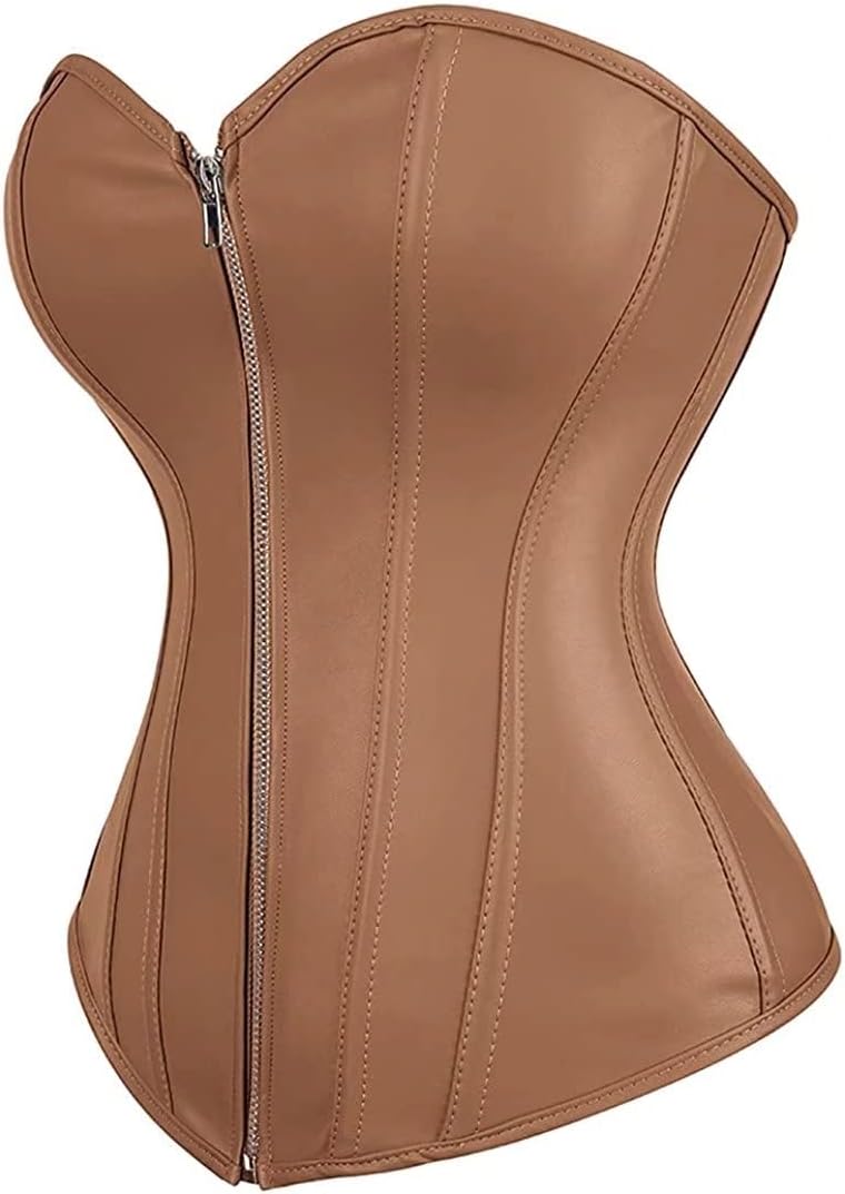 Josamogre Leder Korsett Top Damen Corsage Reissverschluss Sexy XXL Brown, XXL Brown