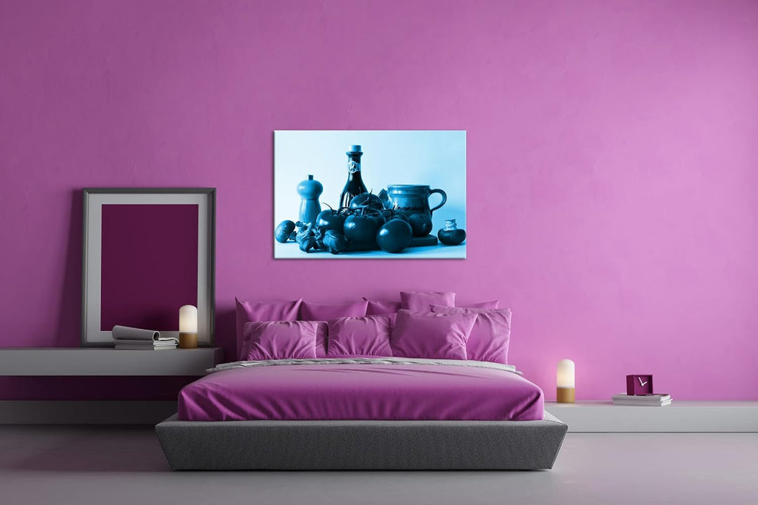 deyoli gesunde Nahrungsmittel auf einem Holzbrett Format 80x60 Effekt: Monocrome Blau als Leinwandbi