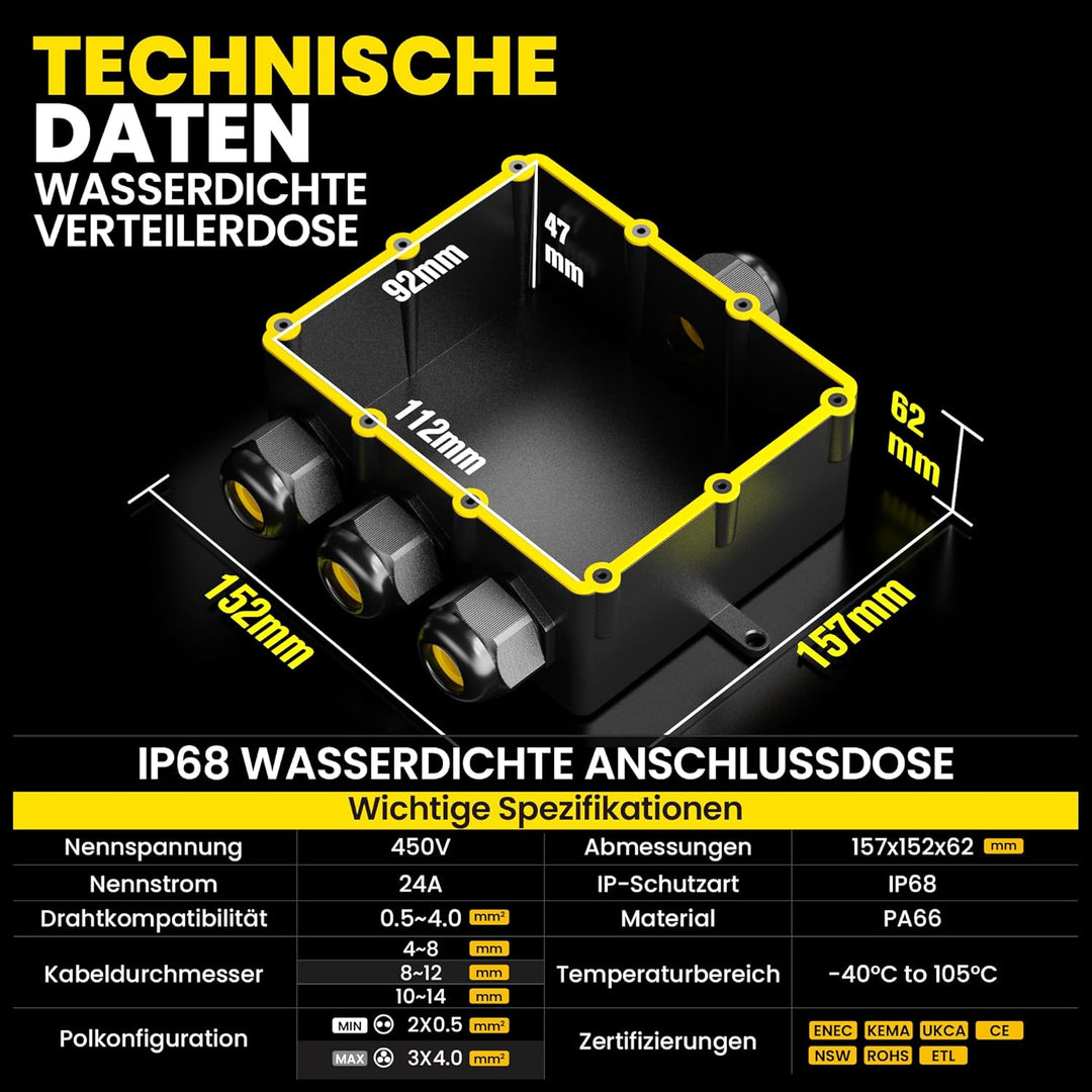 PEBA® Abzweigdose IP68 Abzweigdose Kabelverbinder Wasserdicht Aufputz Verteilerdose 4-fach für Kabe