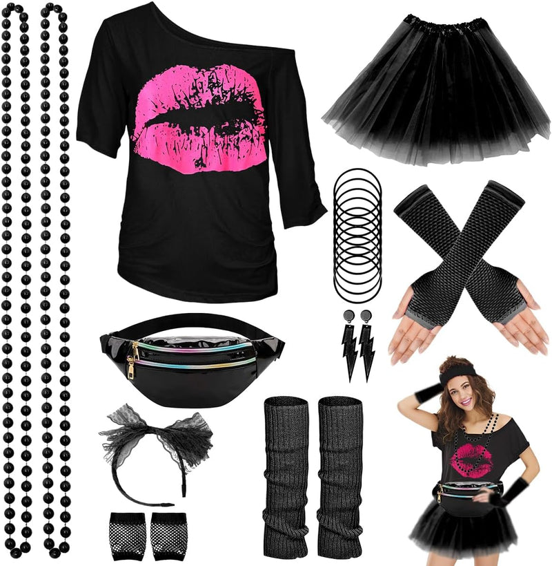 WILDPARTY 80er Jahre Outfit Damen Set, T-Shirt, Tutu, Gürteltasche, Stirnband, Ohrring, Halskette, N