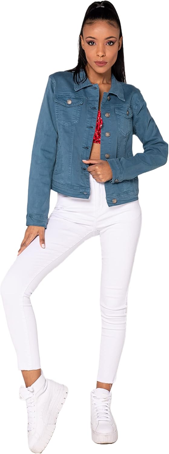 Nina Carter J212 Damen Slim-Fit Jeansjacke – Farbige Übergangsjacke mit Kent-Kragen und Taschen – Fr