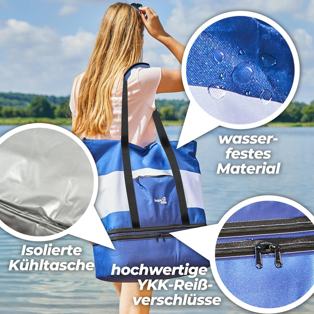 grosse XXL Strandtasche mit Reissverschluss und integrierter Kühltasche, wasserabweisende Familien P