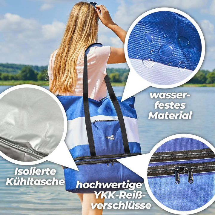 grosse XXL Strandtasche mit Reissverschluss und integrierter Kühltasche, wasserabweisende Familien P